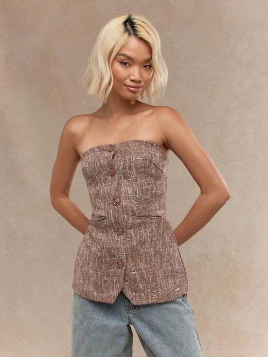 Missguided Tops - Missguided Textured Buttoned Bandeau Vest with Pocket Detail